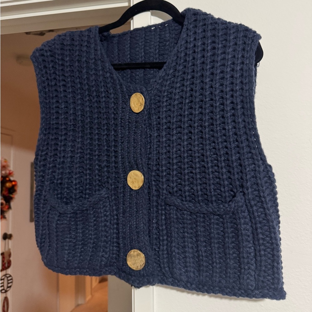 Navy Blue Knit Vest with Gold Buttons